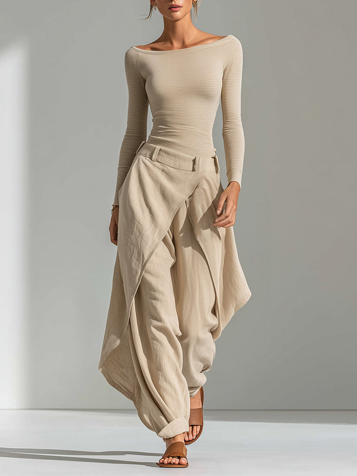 Beige Boat-Neck Top & Layered Wide-Leg Pants Set