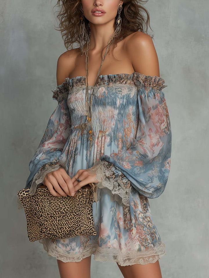 Elvira™ | Off-Shoulder Floral Mini Dress with Wide Sleeves & Lace Trim