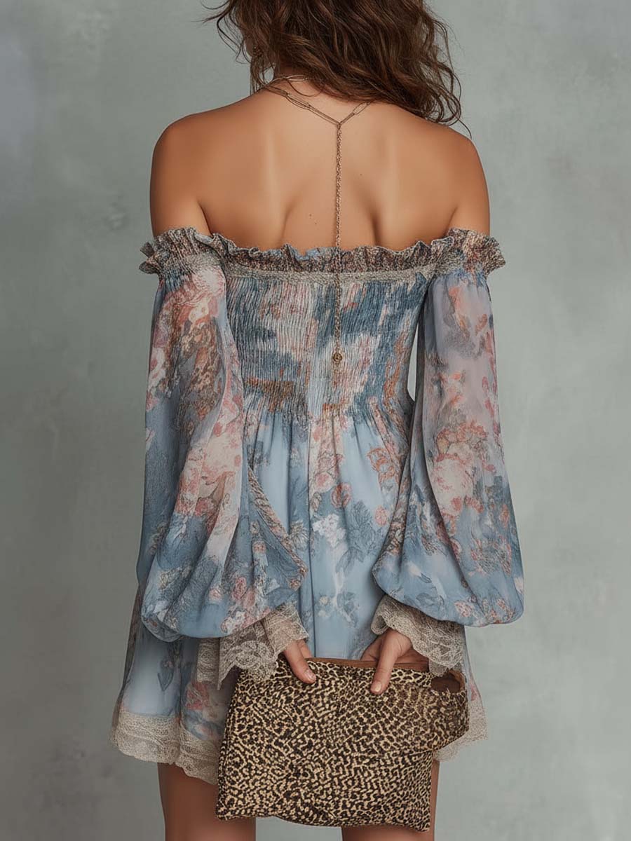 Elvira™ | Off-Shoulder Floral Mini Dress with Wide Sleeves & Lace Trim