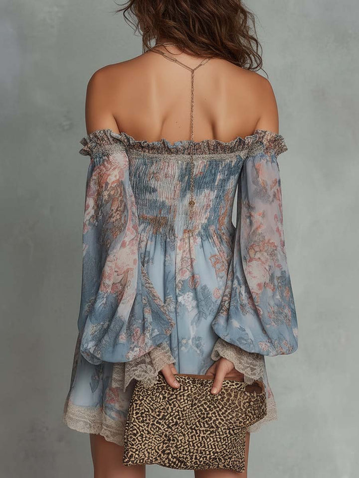 Elvira™ | Off-Shoulder Floral Mini Dress with Wide Sleeves & Lace Trim
