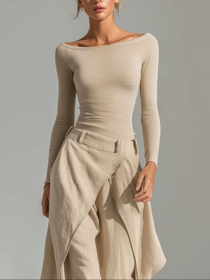 Beige Boat-Neck Top & Layered Wide-Leg Pants Set