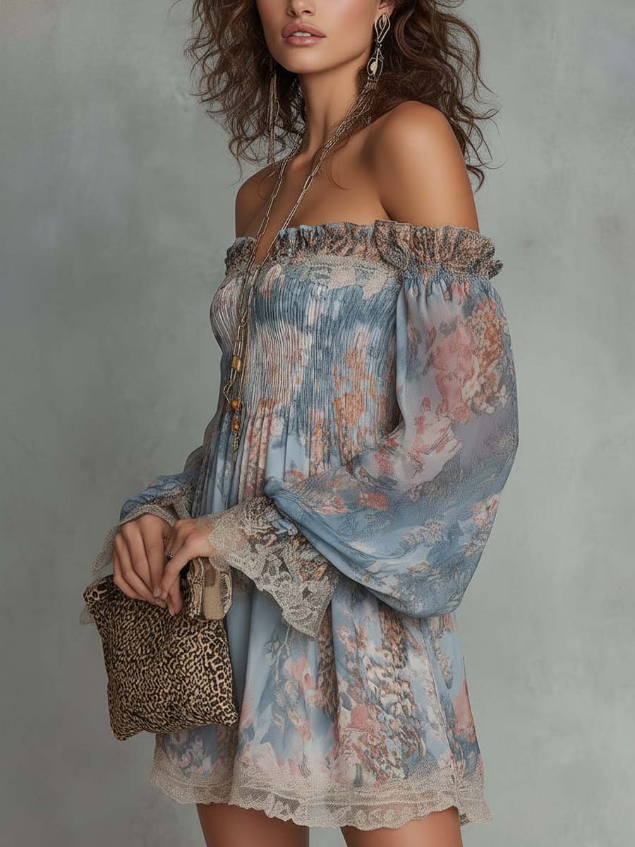 Elvira™ | Off-Shoulder Floral Mini Dress with Wide Sleeves & Lace Trim
