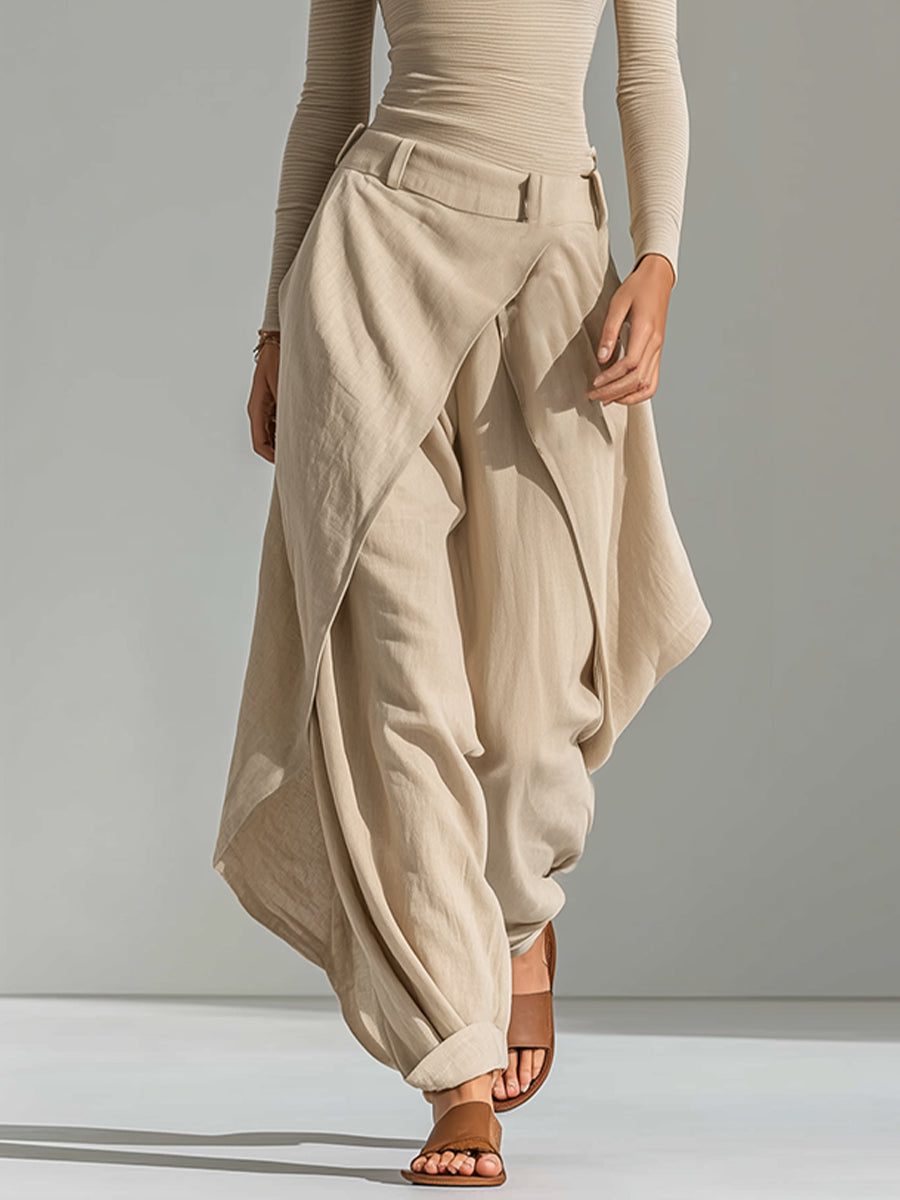 Beige Boat-Neck Top & Layered Wide-Leg Pants Set