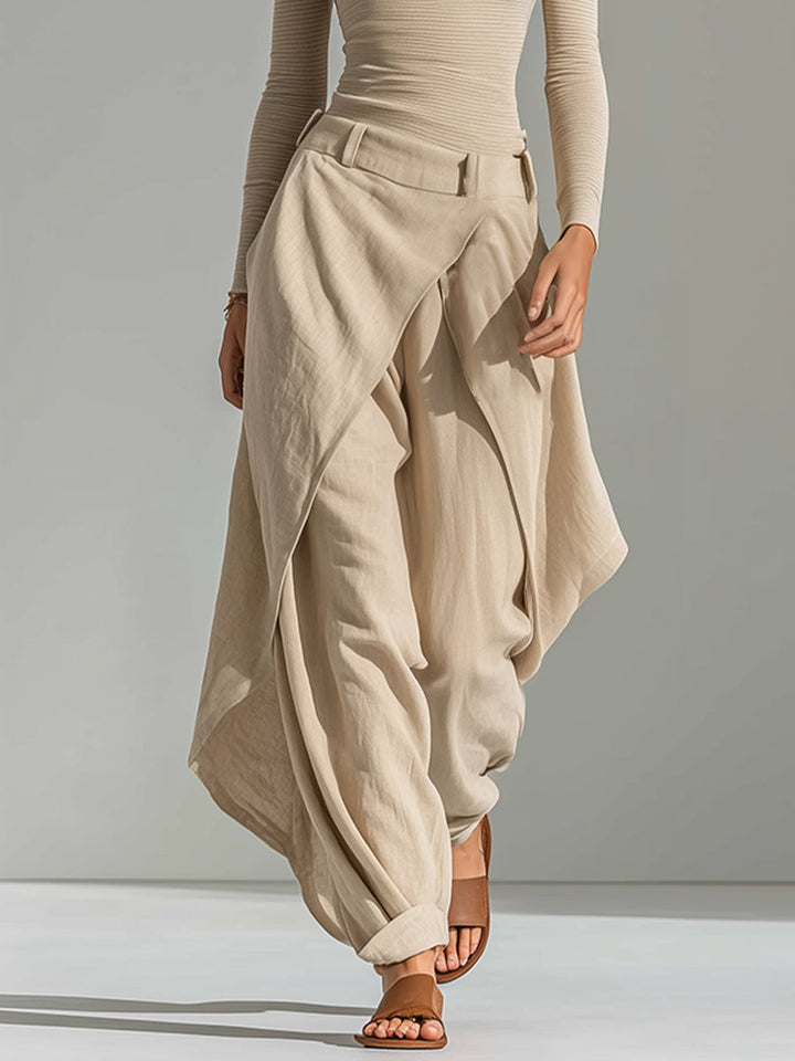 Beige Boat-Neck Top & Layered Wide-Leg Pants Set