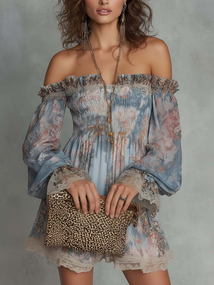Elvira™ | Off-Shoulder Floral Mini Dress with Wide Sleeves & Lace Trim