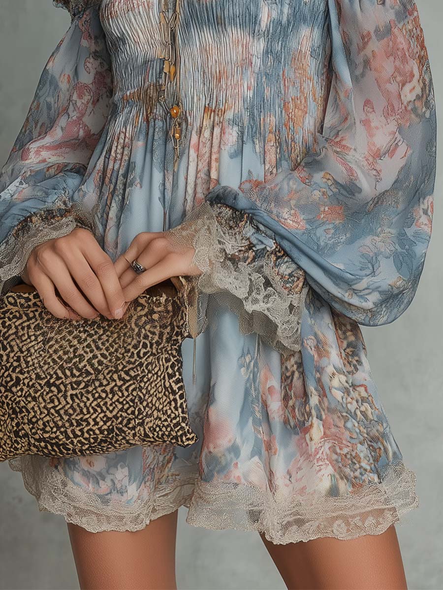 Elvira™ | Off-Shoulder Floral Mini Dress with Wide Sleeves & Lace Trim
