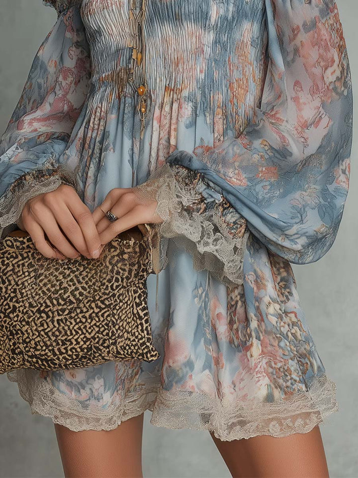 Elvira™ | Off-Shoulder Floral Mini Dress with Wide Sleeves & Lace Trim