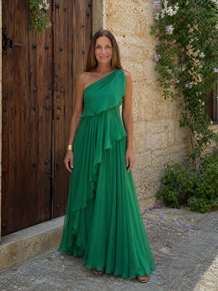 Donatella™ | Emerald One-Shoulder Maxi Dress with Cascading Ruffles