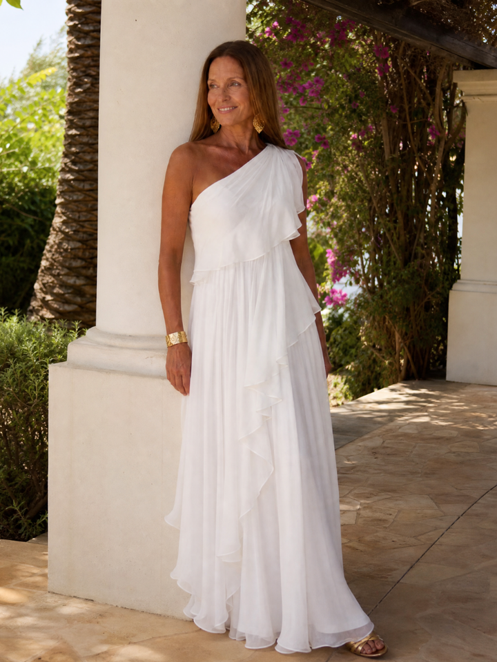 Donatella™ | Emerald One-Shoulder Maxi Dress with Cascading Ruffles