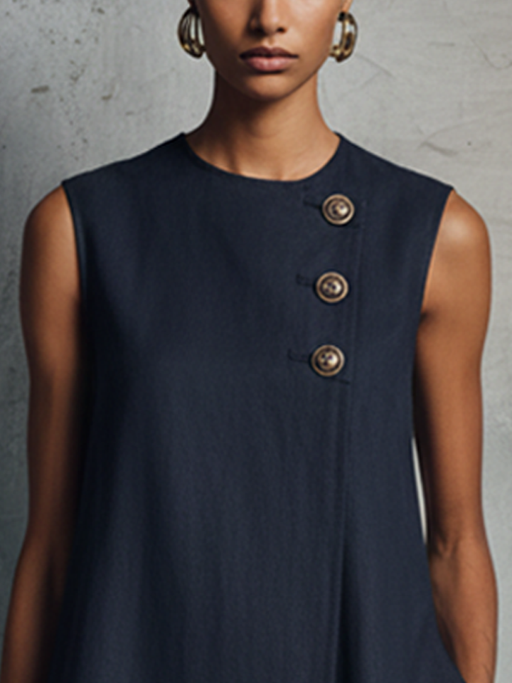 Federica| Navy Sleeveless Mini Dress with Round Neck & Button Detail