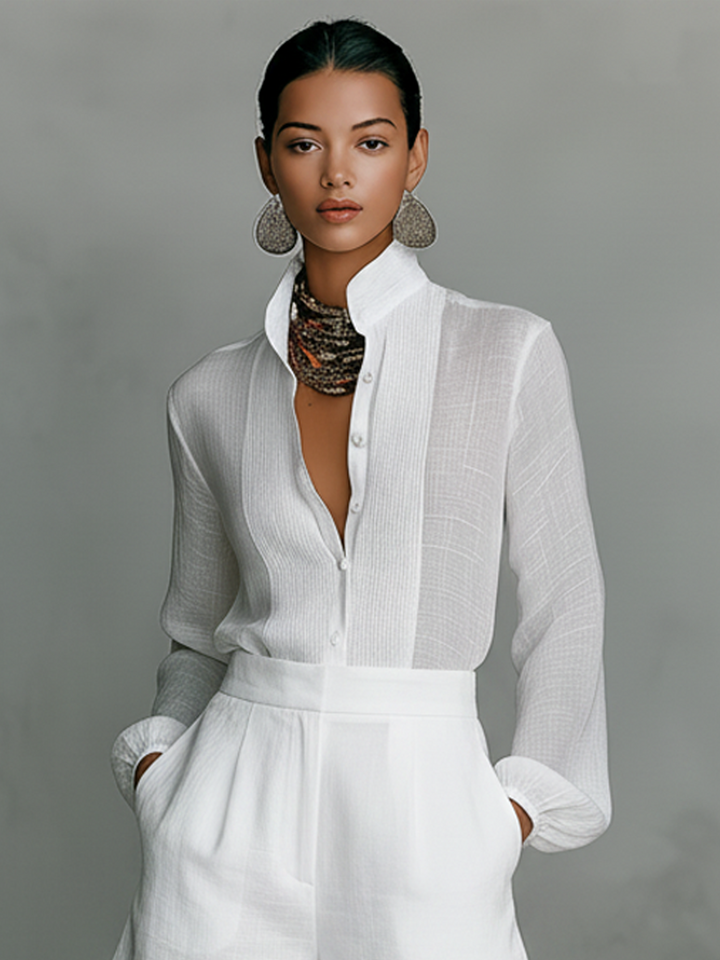Beatrice | White High-Neck Shirt & Shorts Set