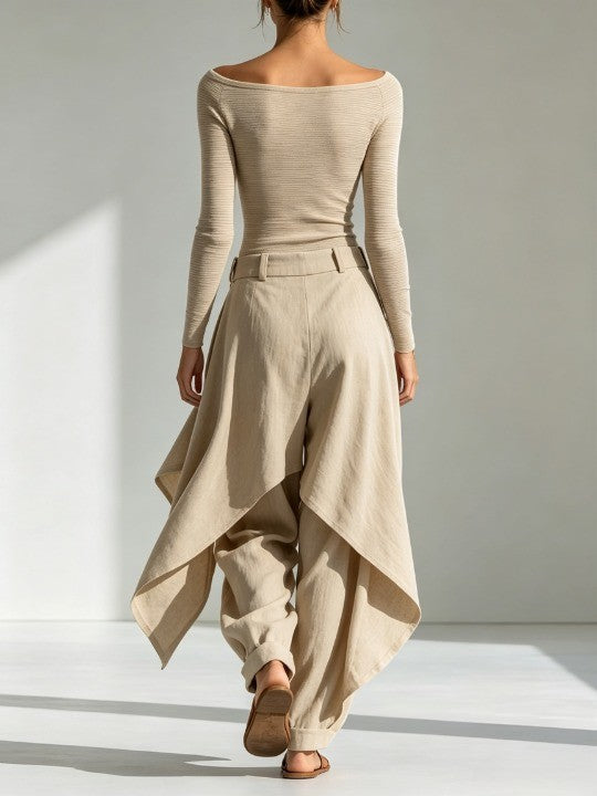 Beige Boat-Neck Top & Layered Wide-Leg Pants Set