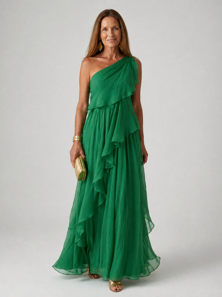 Donatella™ | Emerald One-Shoulder Maxi Dress with Cascading Ruffles