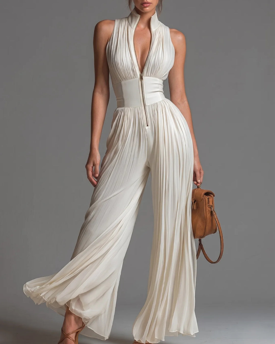 Olivia Plissé Jumpsuit in Crèmewit