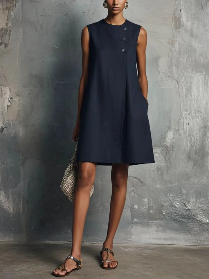 Federica| Navy Sleeveless Mini Dress with Round Neck & Button Detail