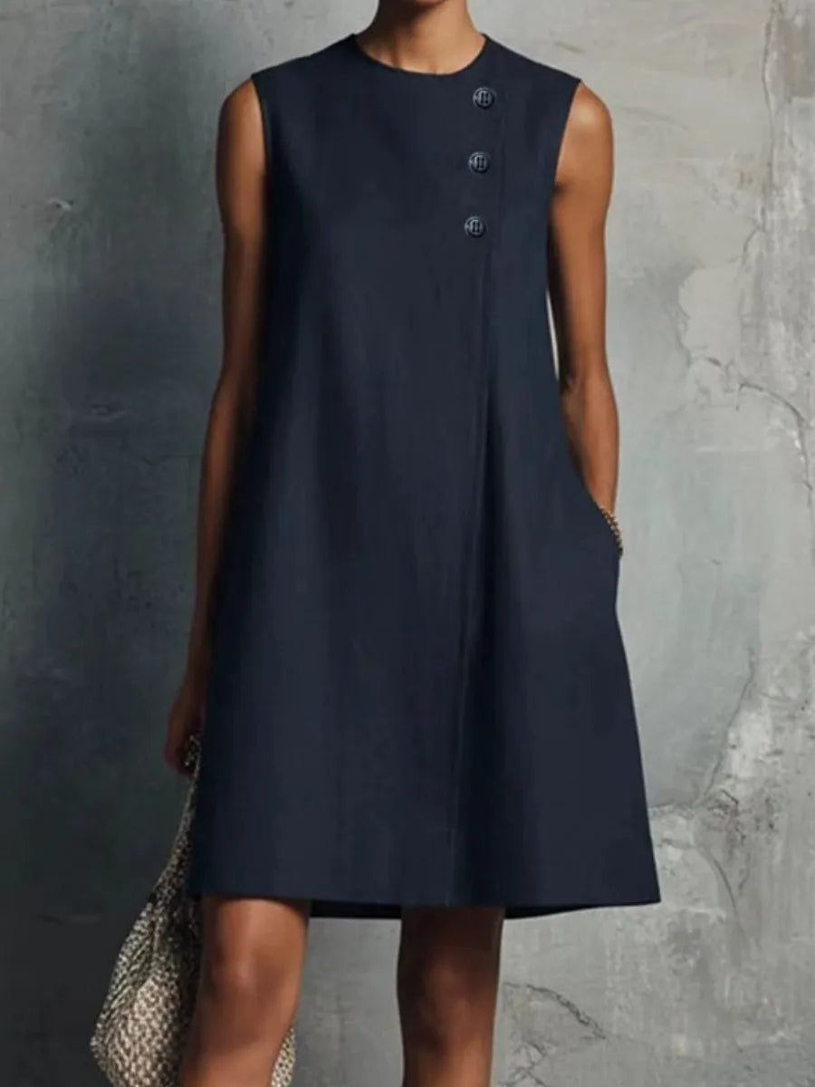 Federica| Navy Sleeveless Mini Dress with Round Neck & Button Detail