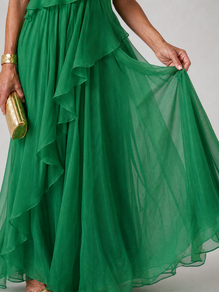 Donatella™ | Emerald One-Shoulder Maxi Dress with Cascading Ruffles