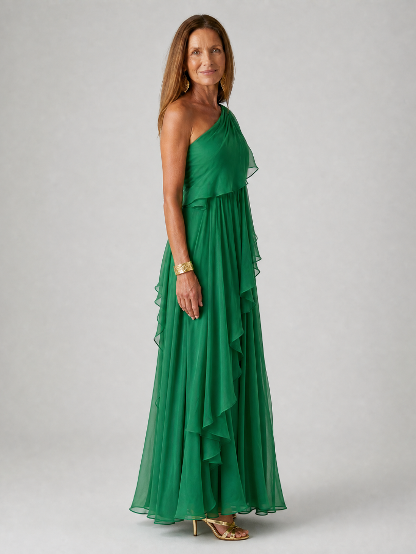 Donatella™ | Emerald One-Shoulder Maxi Dress with Cascading Ruffles