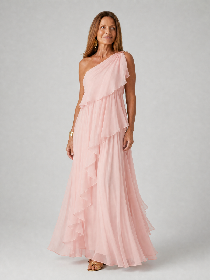 Donatella™ | Emerald One-Shoulder Maxi Dress with Cascading Ruffles