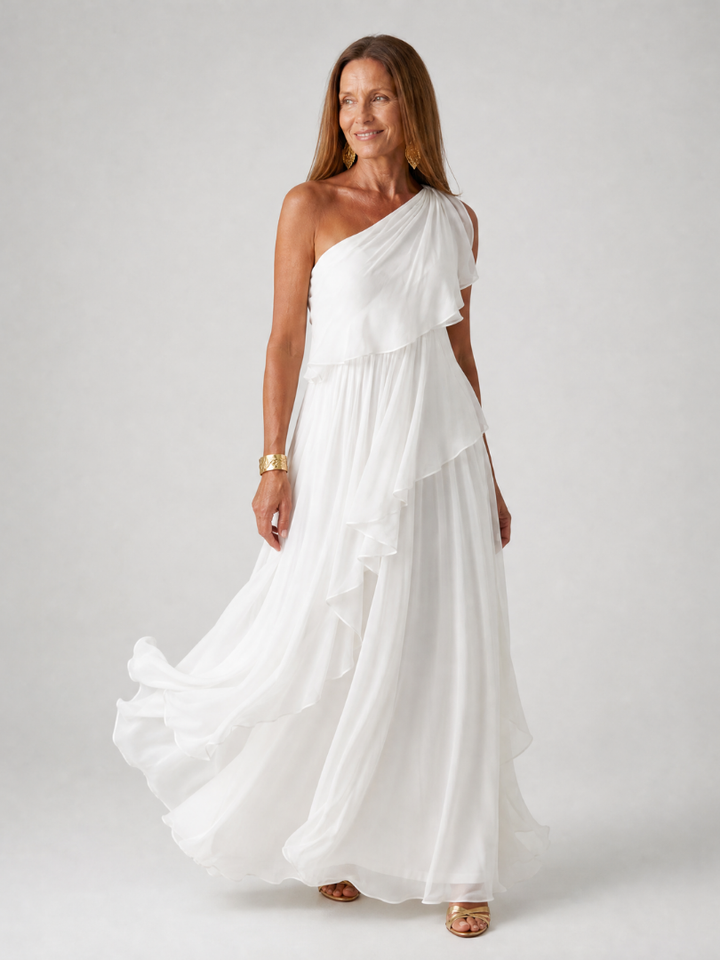 Donatella™ | Emerald One-Shoulder Maxi Dress with Cascading Ruffles