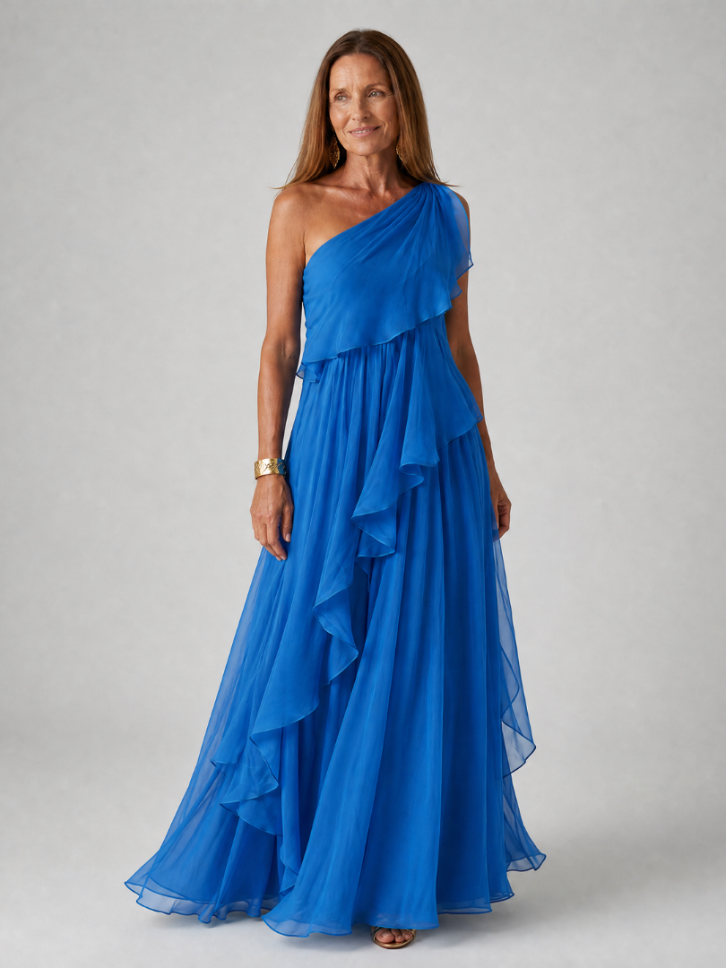 Donatella™ | Emerald One-Shoulder Maxi Dress with Cascading Ruffles