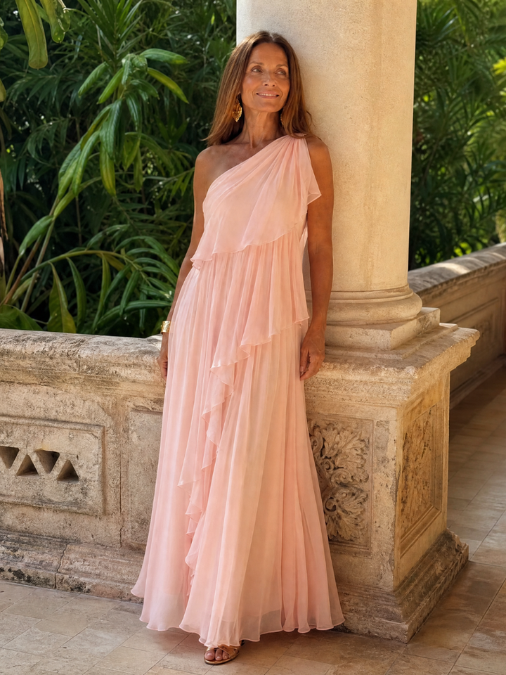 Donatella™ | Emerald One-Shoulder Maxi Dress with Cascading Ruffles