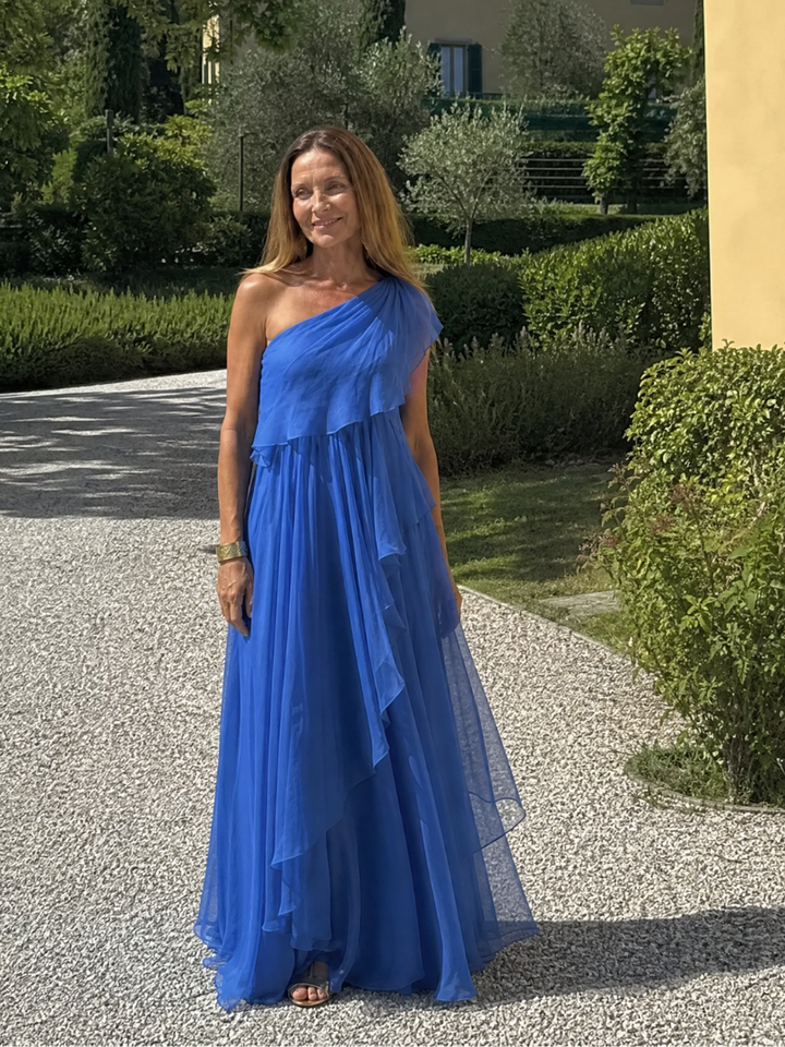 Donatella™ | Emerald One-Shoulder Maxi Dress with Cascading Ruffles