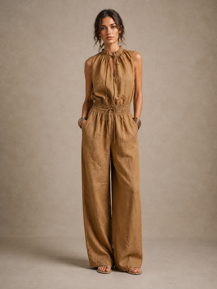 Zenaide™ | Camel Tie-Neck Wide-Leg Jumpsuit