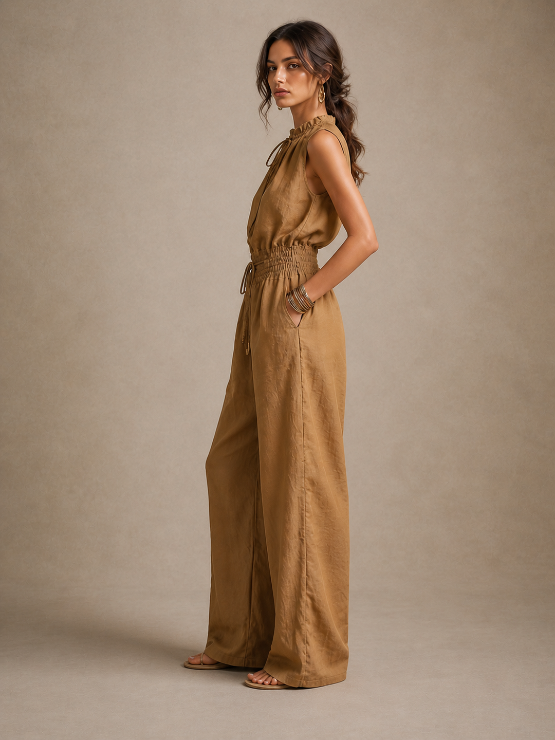 Zenaide™ | Camel Tie-Neck Wide-Leg Jumpsuit