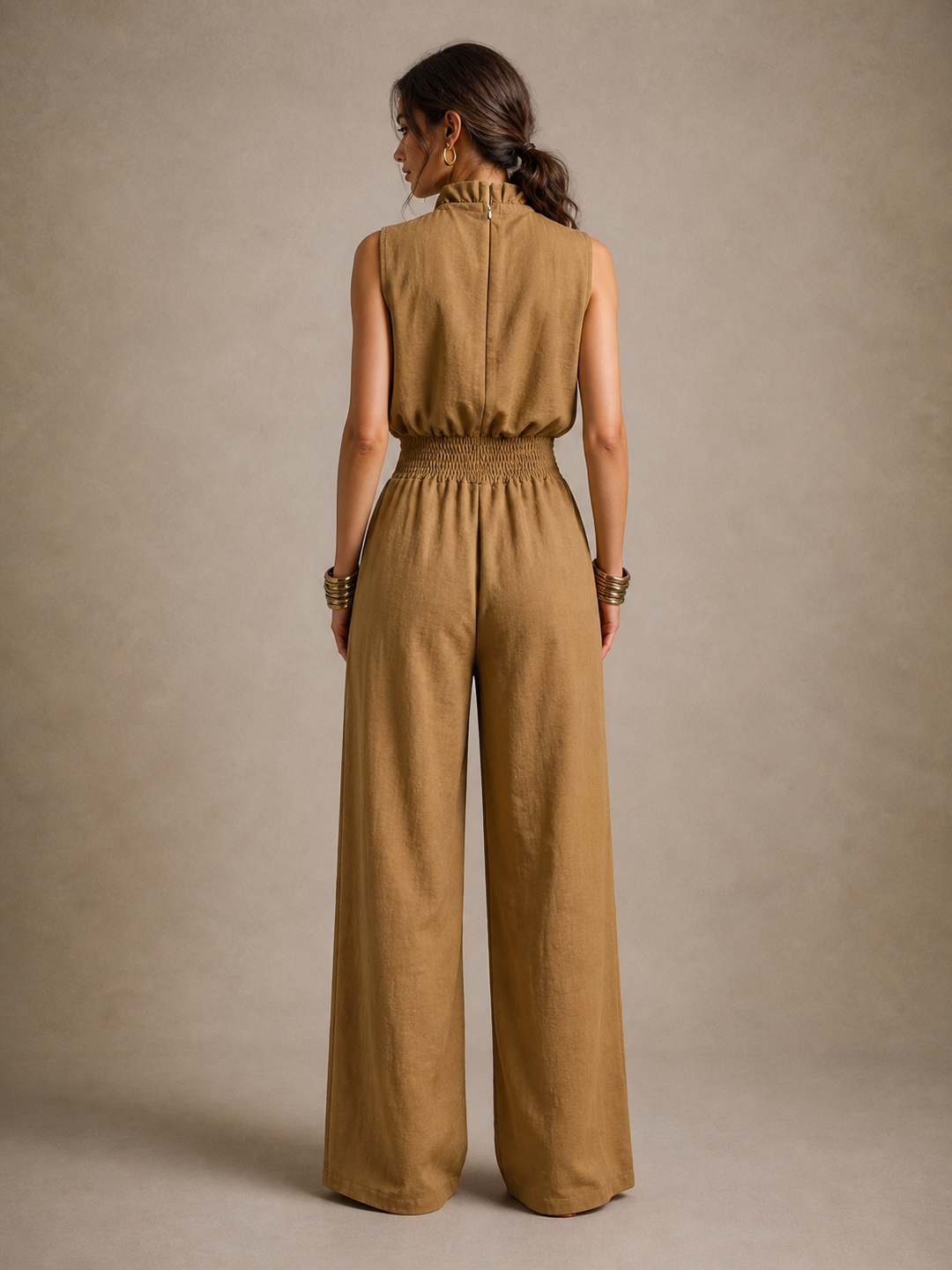 Zenaide™ | Camel Tie-Neck Wide-Leg Jumpsuit