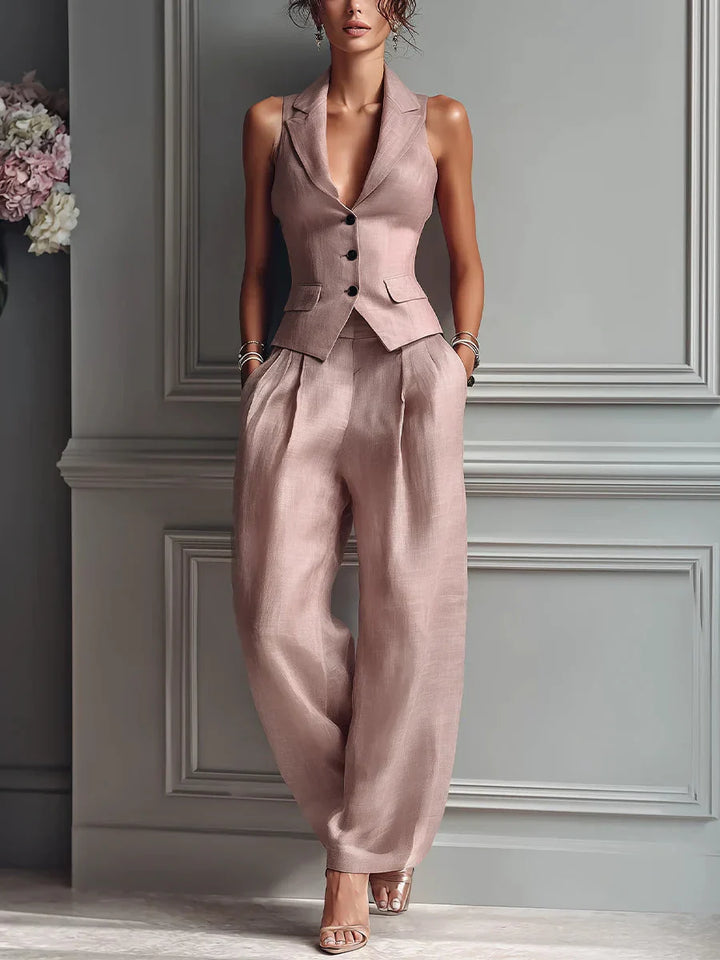 Estrella™ | Button-Front V-Neck Two-Piece Set