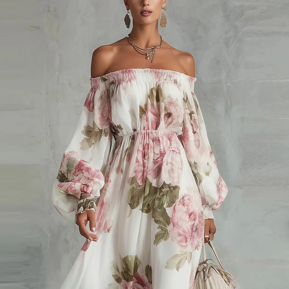 Pivoine | Off-Shoulder Floral Maxi Dress with Long Sleeves