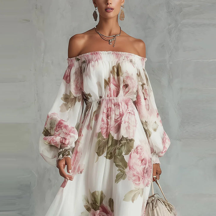 Pivoine | Off-Shoulder Floral Maxi Dress with Long Sleeves
