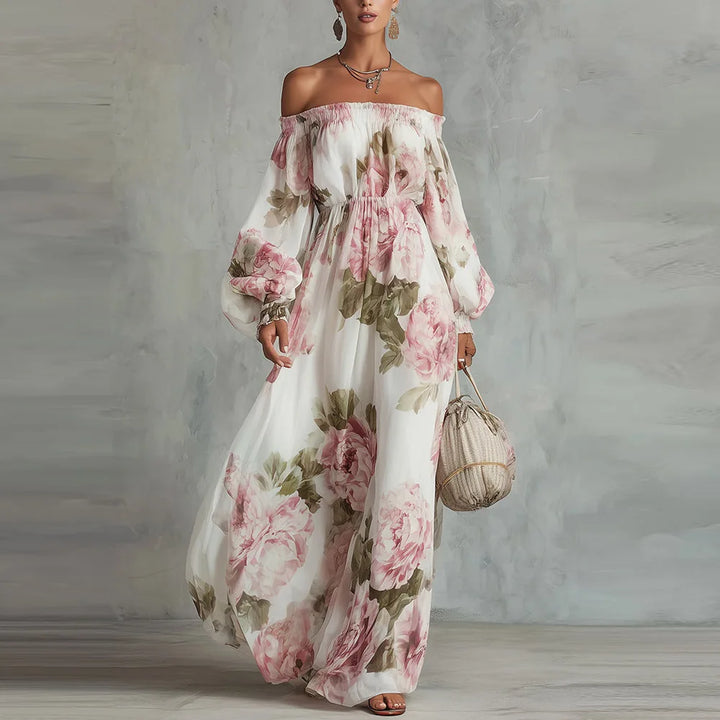 Pivoine | Off-Shoulder Floral Maxi Dress with Long Sleeves