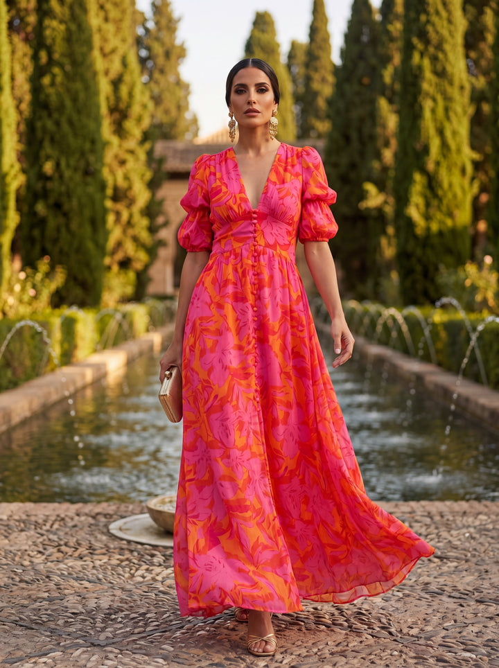 Olvera™ | Vibrant V-Neck Maxi Dress