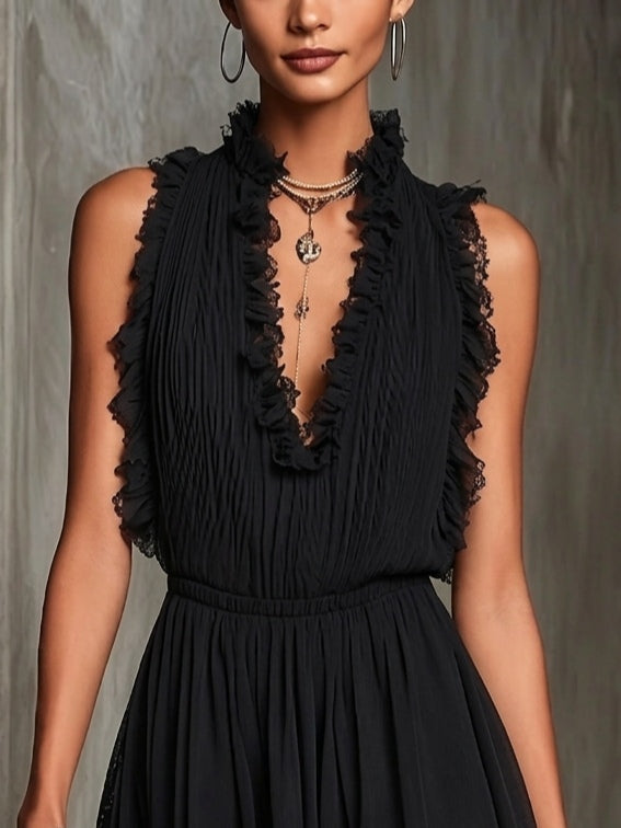 Flaminia™ | Black Pleated V-Neck Playsuit with Lace Trim