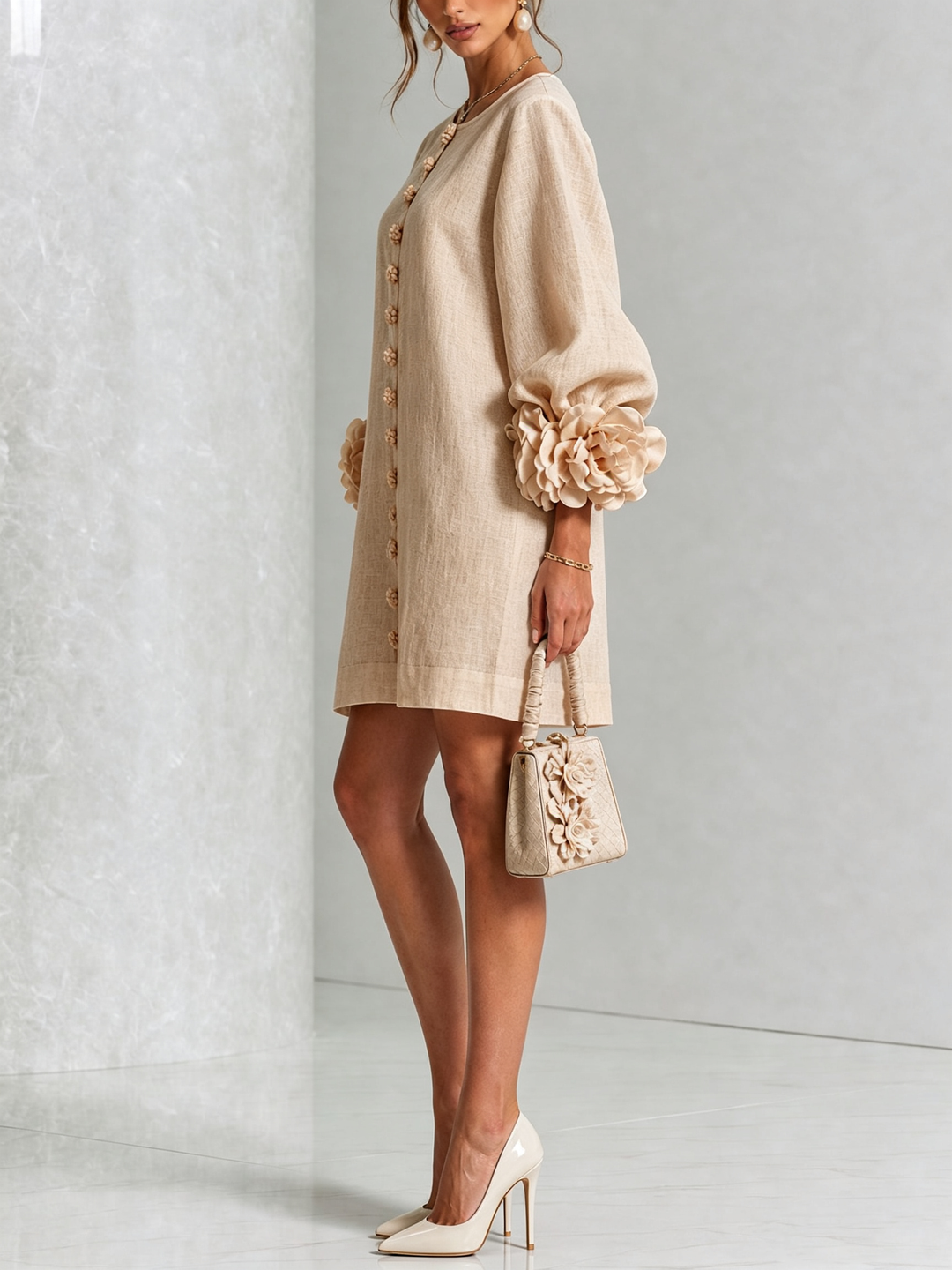 White Mini Dress with Floral Buttons & Statement Flower Sleeves