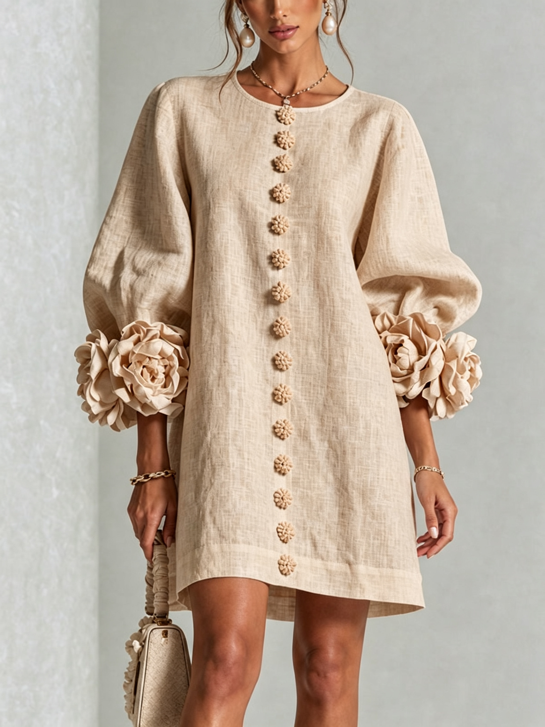 White Mini Dress with Floral Buttons & Statement Flower Sleeves