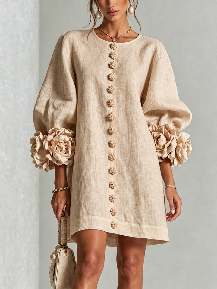 White Mini Dress with Floral Buttons & Statement Flower Sleeves