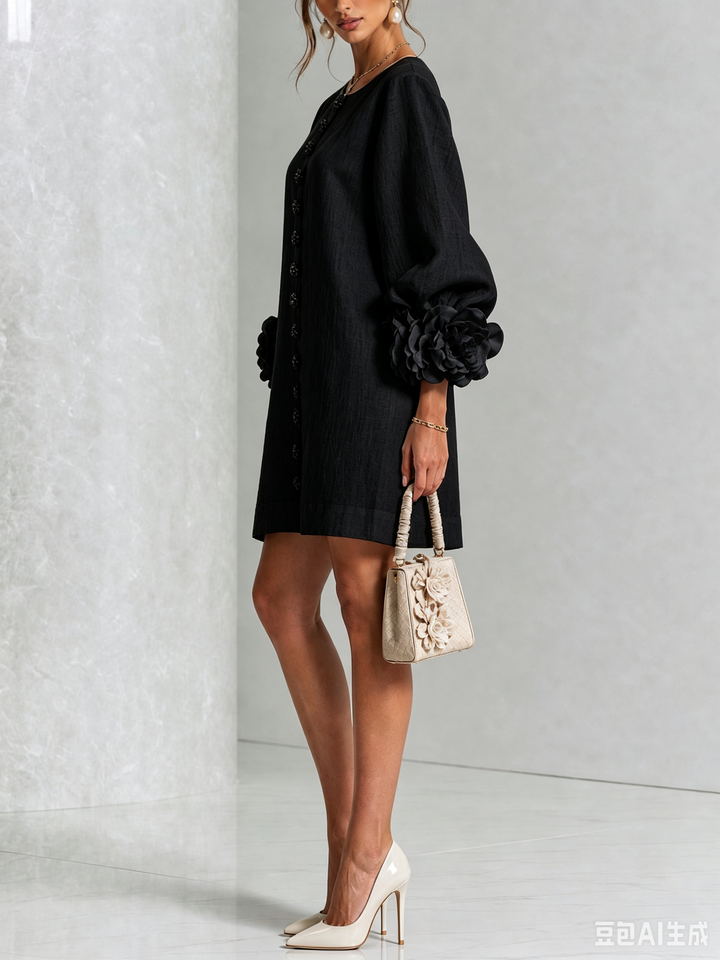White Mini Dress with Floral Buttons & Statement Flower Sleeves