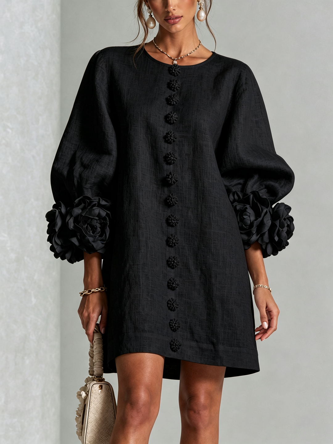 White Mini Dress with Floral Buttons & Statement Flower Sleeves