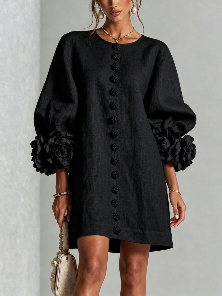 White Mini Dress with Floral Buttons & Statement Flower Sleeves