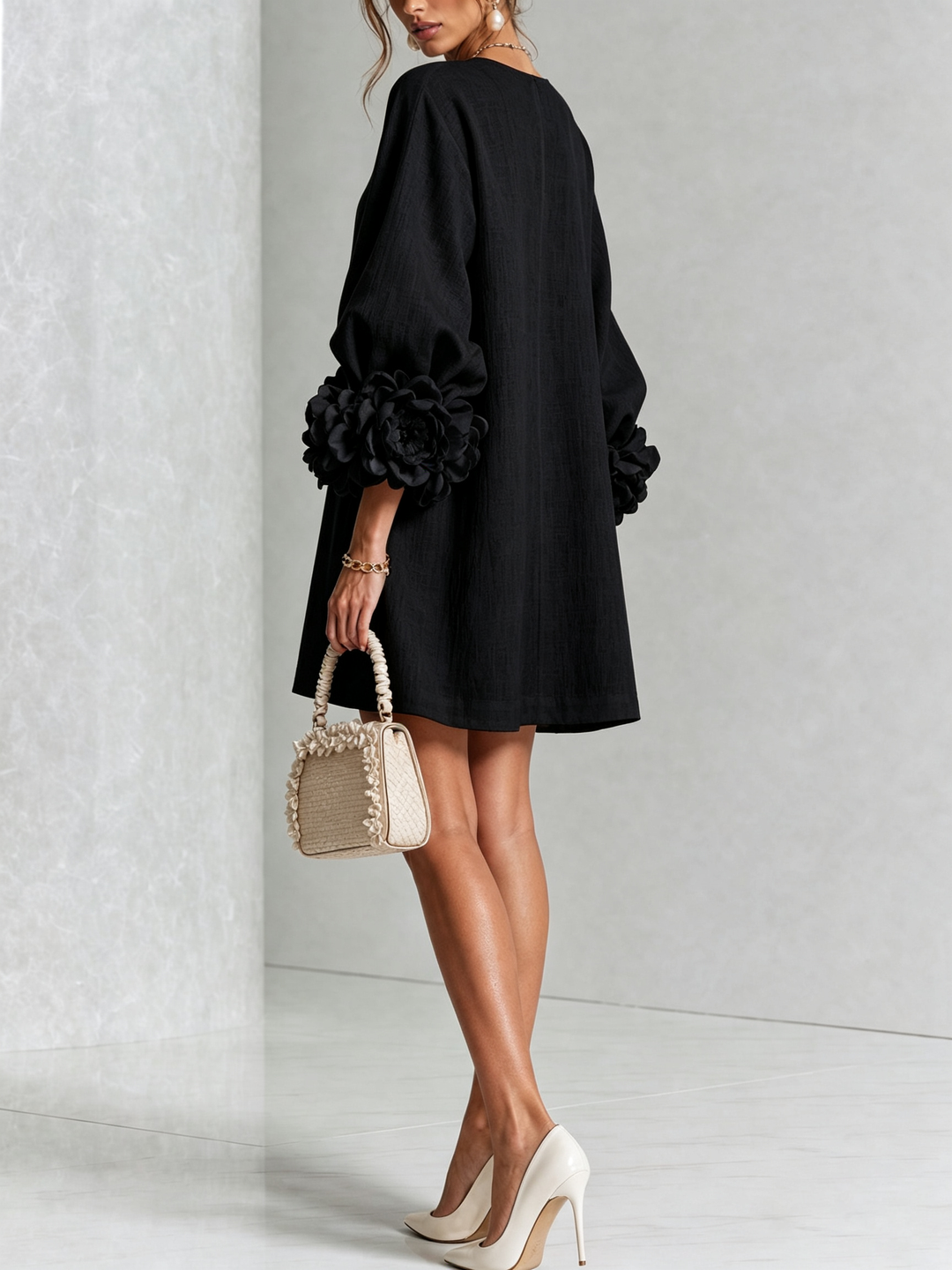White Mini Dress with Floral Buttons & Statement Flower Sleeves
