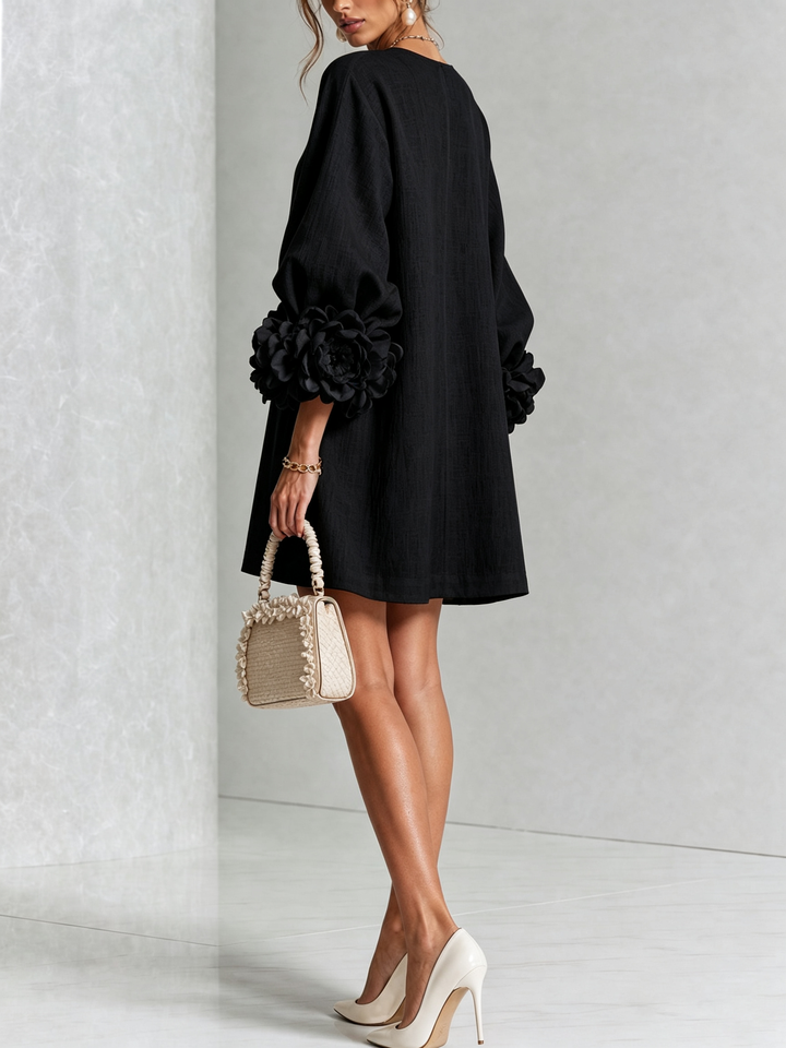 White Mini Dress with Floral Buttons & Statement Flower Sleeves