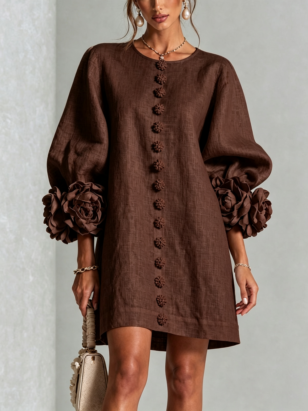 White Mini Dress with Floral Buttons & Statement Flower Sleeves