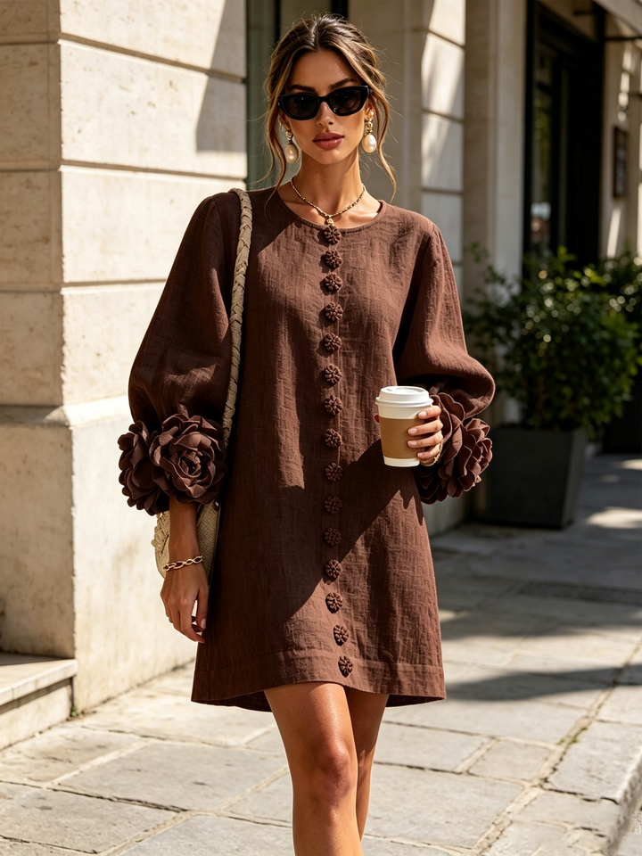 White Mini Dress with Floral Buttons & Statement Flower Sleeves