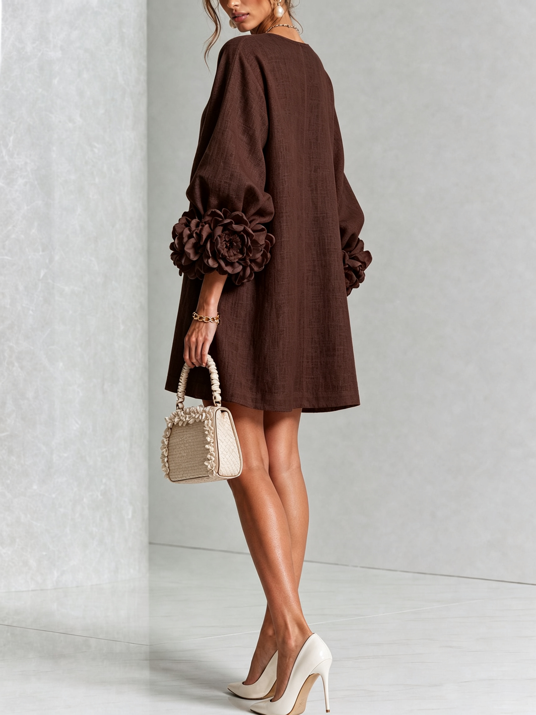 White Mini Dress with Floral Buttons & Statement Flower Sleeves