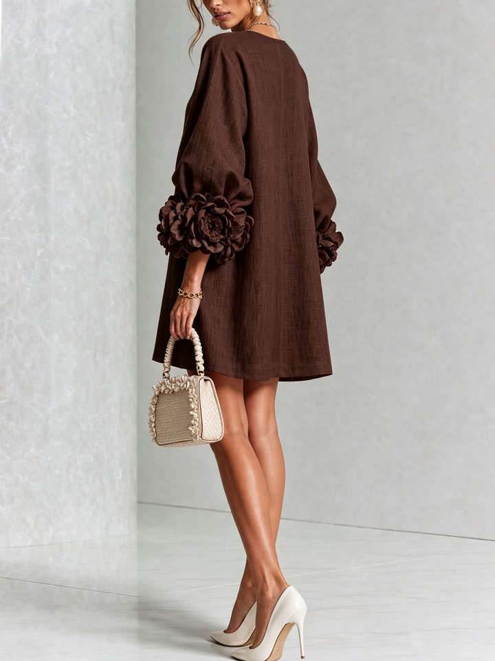 White Mini Dress with Floral Buttons & Statement Flower Sleeves