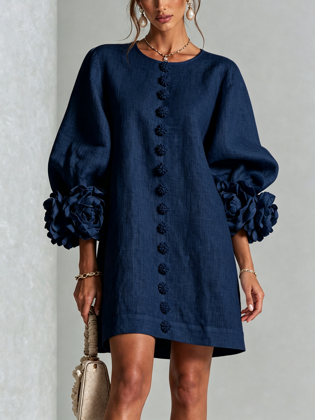 White Mini Dress with Floral Buttons & Statement Flower Sleeves
