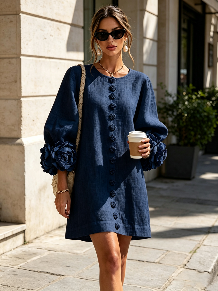 White Mini Dress with Floral Buttons & Statement Flower Sleeves